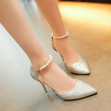 Women Summer 2024 New Korean Version Of The Pearl One-Word Buckle Pointed Sexy Stiletto High-Heeled