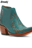 Female Western Boots Wood Sole Pointed Toe Slip-On Print Ankle Boots Embroider 2023 Spring Comfy Woman Boots