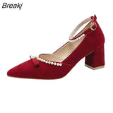 Red Velvet Pearls Pumps Woman Sexy Pointed Toe Thin High Heels Party Wedding Shoes Women Spring 2023 Zapatos