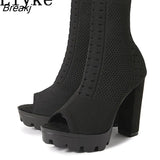 Fashion Square High Heels Knitted Stretch Fabric Ankle Socks Boots Femme Peep Toe Slip-On Platform Shoes For Women