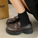 Brown Pu Leather Platform Loafers Women Fashion Slip On Shallow Flats Shoes Woman British Style Middle Heels Office