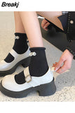 Heels Mary Jane Shoes Simple Lolita Shoes Black Platform Shoes Student College Sweet Medium Heel Women's Single