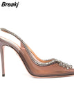Summer PVC Transparent Shoes Pointed Toe Rhinestone Chain High-heeled Women's Sandals Stylish Women Pumps Wedding Shoes