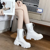 Breakj Boots Women's New Autumn British Wind Thick Bottom Leisure Strap Mid-Sleeve Boots High With Net Red
