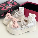 Lace Bowknot White Lolita Shoes Women 2023 Heart Buckle Platform Mary Janes Woman Japanese Style Patent Leather Jk