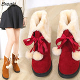 Women Snow Boots Winter Shoes Warm Casual Fur Ankle Female Bowtie Non Slip Plush Suede Flats Slip on Fashion Christmas