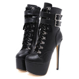 Women Autumn Ankle Boots Sexy High Heels Platform Boots Round Toe Leather Booties Black Shoes Ladies Party Shoes Botas De
