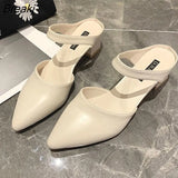 Women's Pointed Toe Sandals New Middle Heel Chunky Heel Outer Wear Women's Summer Mules Shoes Closed Toe Ladies