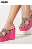 Summer 2023 New Arrivals Women's Sandals Peep Toe Wedge High Heels Slipper Shiny Rhinestones Comfy Walking