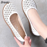 White Genuine Leather Ladies Breathable Summer Shoes Women Flats Slip-On Loafers Round Toe Soft Flat Shoes