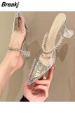 Transparent Sandals 2023 Summer New Baotou Flat Shoes Crystal Low-heeled Women's Shoes Back Strap Sandalias