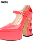 Pumps Round Toe Chunky Block Heel Ankle Strap With Heart 2023 Spring Brand New High Heels Mary Janes Women