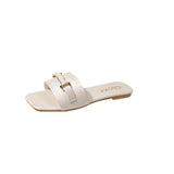 Breakj Slippers Female Metal Chain One Word Drag Flat Home Slippers Female Womens Flats