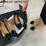 Flats Shoes Woman Brand Metal Buckle Round Toe Ballerina Comfortable Shallow Slip on Casual Ballet Embroidery Black