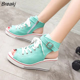 Summer New High-Top Canvas Shoes Women Open Toe Casual Sandals Wedge Fish Mouth Shoes Ladies Platform Heels Hollow