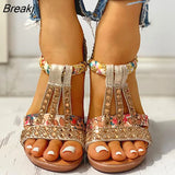 New Gladiator Wedge Heels Elastic Band Crystals Summer Women Shoes Woman Sandals Leisure Beach Sandals Large Size