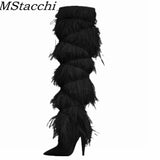 Women's High Boots Suede Cross-tied Pointed Toe Party High Heel Shoes Sexy Ostrich Feather Women's Over The Knee