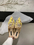 Shoes Mules For Women 2024 Ladies' Slippers Rivet Cover Toe Butterfly-Knot Low Square heel Loafers Flock New Pointed