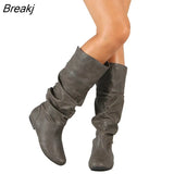 Women Leather Mid Calf Boots Casual Slip on Autumn Winter Long Boots Flats Fashion Pleated Round Toe Black Elegant Botas