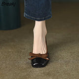 Autumn Fashion French Retro Square Toe Shallow Mouth Bow Mid-heel High Heel Shoes Leather Thick Heel Commuter Women