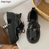 Spring Fashion Thick Soled Oxford Shoes Women's Slip-on Lace Up Loafers shoes Women Casual Versatile Black Leather
