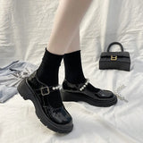Buckle Mary Jane Shoes Thick-Soled Flat-Soled Spring Single Shoes Round Head White Bright Leather Small British Leather