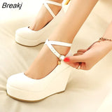 White Platform Wedges Wedding Shoes Pumps Women High Heels Round Toe Pumps Cross Buckle Fashion Footwear Leisure Mary