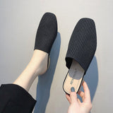 Women Mules Slippers Female Summer Flats Sandals Knit Fabric Stretch Slides Holiday Beach Shoes Square Heel Square Toe