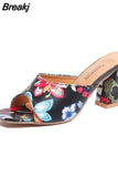 High Heeled Women's Slippers 2023 European Style Flower Pattern Comfy Walking Shoes Plus Size Summer Outside Lady