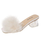 Fluffy Peep Toe Sexy High Heels Women Shoes Fur Feather Lady Fashion Wedding Slip-On Pink Square Sandals Tacones