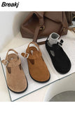 Sandals Woman Leather Velvet Shoes Low-heeled Suede Rubber PU Fretwork Flock Basic Velvet Shoes Low Sandals Woman Leather