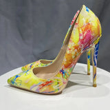 Hawaii Style Women Oil Painting Printed Patent Pointed Toe High Heels Fashion Ladies Stiletto Pumps Large Size