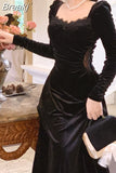 Vintage Balck Long Sleeve Dress Woman Elegant Fashion Velvet Midi Dress Korean Style Even Party Dress Casual 2023