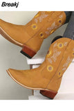 Cowboy ethnic Women Boots Coarse High Heel Embroidered Sunflower Boot Ladies Toe Knee Shoes