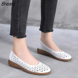White Genuine Leather Ladies Breathable Summer Shoes Women Flats Slip-On Loafers Round Toe Soft Flat Shoes