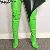 2023 New Green Leather Over The Knee Thigh High Boots Women Sexy Pointed Toe Zip 11.5CM Heels Nightclub Stripper