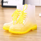Women Rain Boots Mature Lady Lace Up Waterproof Lady Shoes Rubber Transparent Candy Colors Ankle Outdoor Girl's Fashion