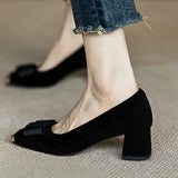 Breakj Retro Fashion Bow Shallow Single-Shoe Women Spring And Autumn New Square Head With Thick Heel High Heel