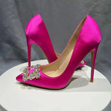 Square Rhinestones Women Rose Silk Satin Sexy Pointy Toe High Heel Wedding Bridal Shoes Elegant Ladies Stiletto