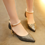 Women Summer 2024 New Korean Version Of The Pearl One-Word Buckle Pointed Sexy Stiletto High-Heeled
