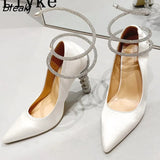 2023 New Fashion Crystal Ankle Strap Women Pumps Purple Silk Pointed Toe Rhinestone High Heels Party Banquet Stiletto