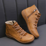 Snow Boots Women Winter Genuine Leather Ankle Spring Flat Shoes Woman Short Vintage Boots with Fur for Women Lace