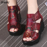 2023 Ethnic Style Genuine Leather Women Shoes Sandals Wedges Sandals Handmade Genuine Leather Women