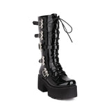 Women Leather Chunky Motorcycle Boots Punk Midi Calf 2023 Autumn Winter Gothic Black Size 35-44 Zip Bat Buckles Platform