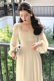 Elegant Solid Midi Dress Woman Fairy One Piece Dress Korea Fashion 2023 Summer Long Sleeve Even Party Dress Casual