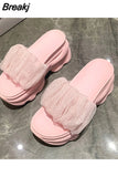 Casual Shoes Woman 2023 On A Wedge Platform Pantofle Heeled Mules Luxury New Soft High Flat Fashion PU Slides