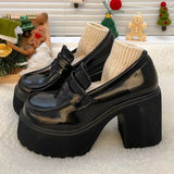 Pu Leather Women's Platform Loafers 2023 Gothic Black Chunky High Heels Pumps Woman Preppy Style Jk Uniform Shoes