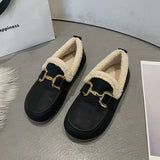 Leather Loafers Shoes Woman Boots Winter Flat Fashion Keep Warm One-step Faux Fur Casual Shoes Women Walking Flats