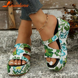 High Heeled Women's Slippers 2023 European Style Flower Pattern Comfy Walking Shoes Plus Size Summer Outside Lady