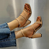Summer Ladies Sandals 2023 New White High Heel Sandals Square Toe Ankle Strap Elegant Dress Women Chunky Heel